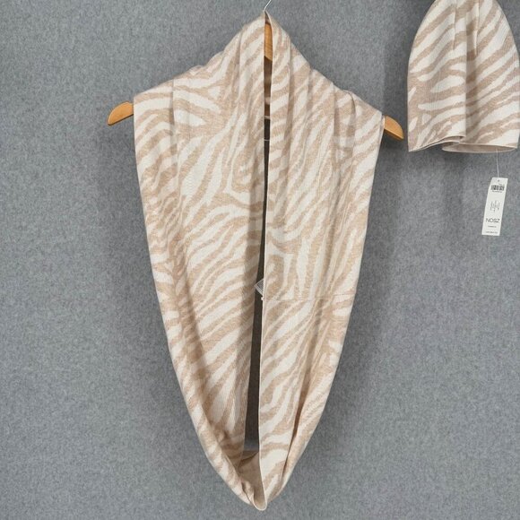 Chicos Tiger Print Knit Hat and Wrap Scarf Set One Size Cream Tan Soft Animal - Picture 2 of 9